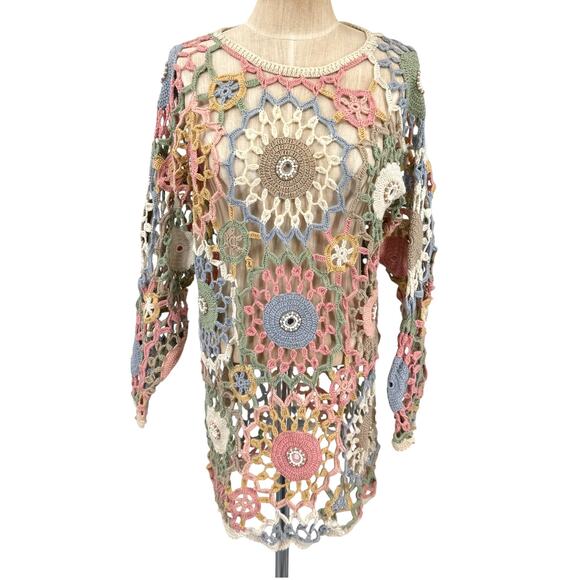 Jay Jacobs Vintage Crochet Knit Tunic Dress Coverup Beaded Pastel Boho One Size - Picture 1 of 7